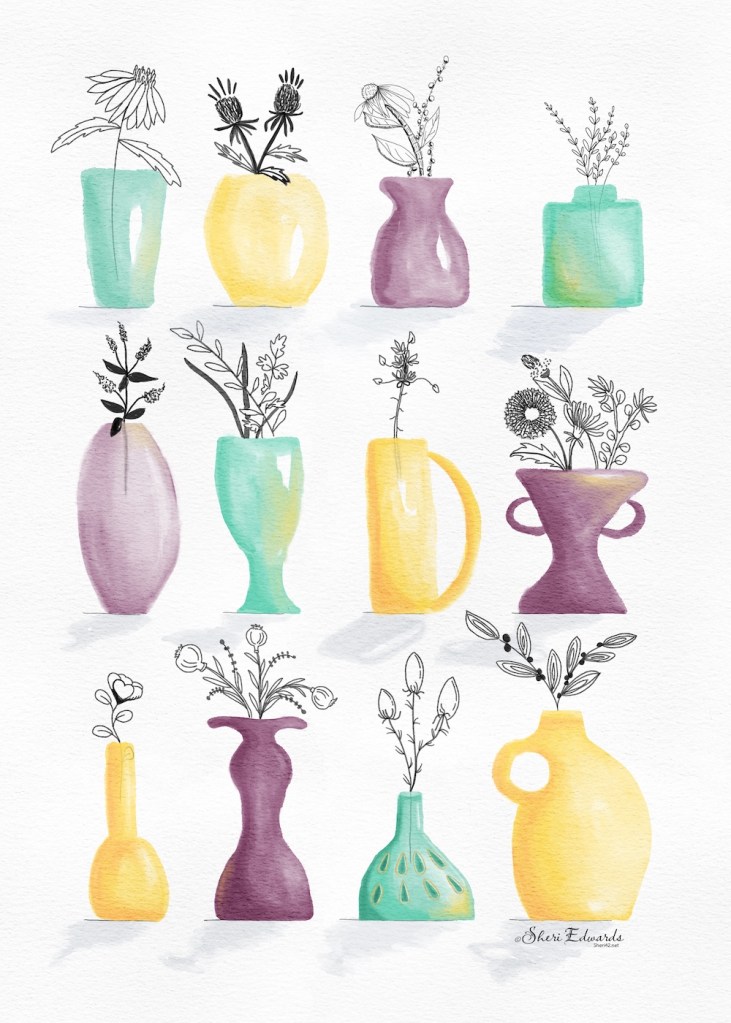 vases and foliage by Sheri42, watercolor and ink