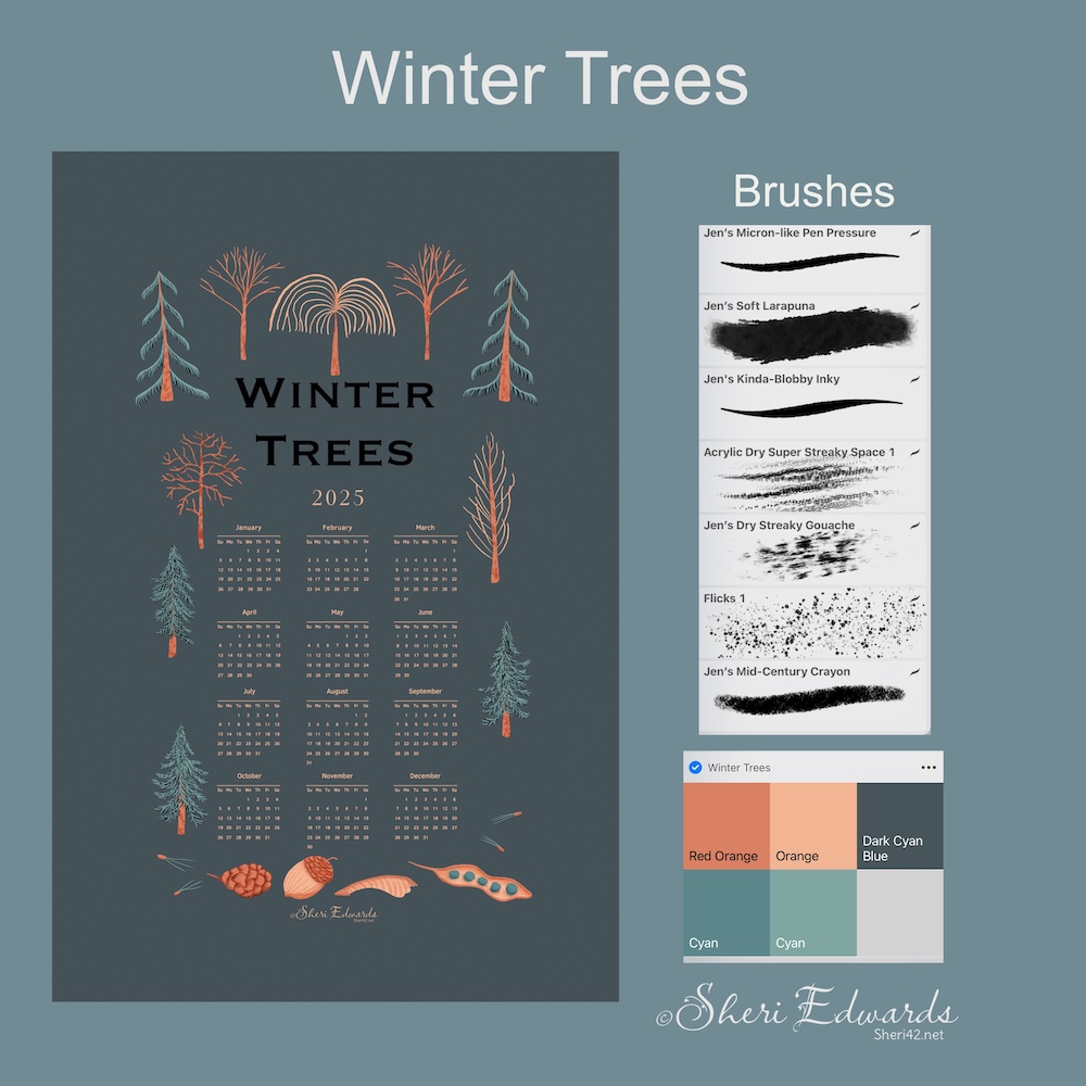 wikipaintia of my Winter Trees calendar showing the calendar, brushes, and palette; by Sheri42