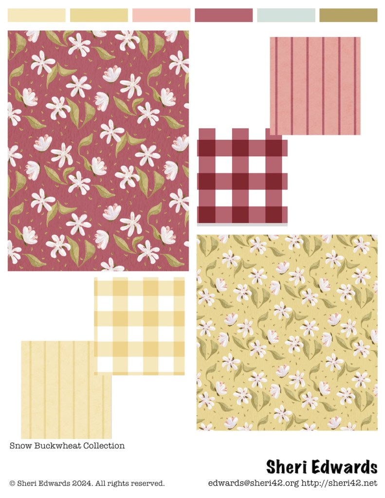 snow buckwheat rose and yellow versions in florals, gingham, and stripes by Sheri42