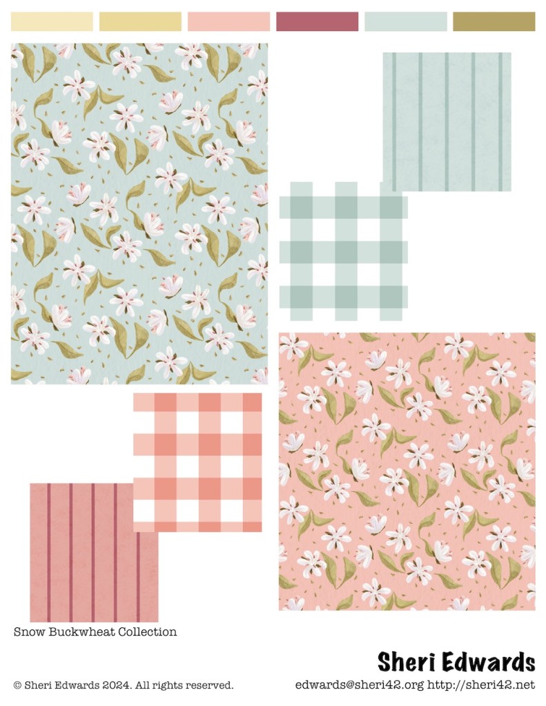 snow buckwheat teal and peach-pink versions in florals, gingham, and stripes by Sheri42