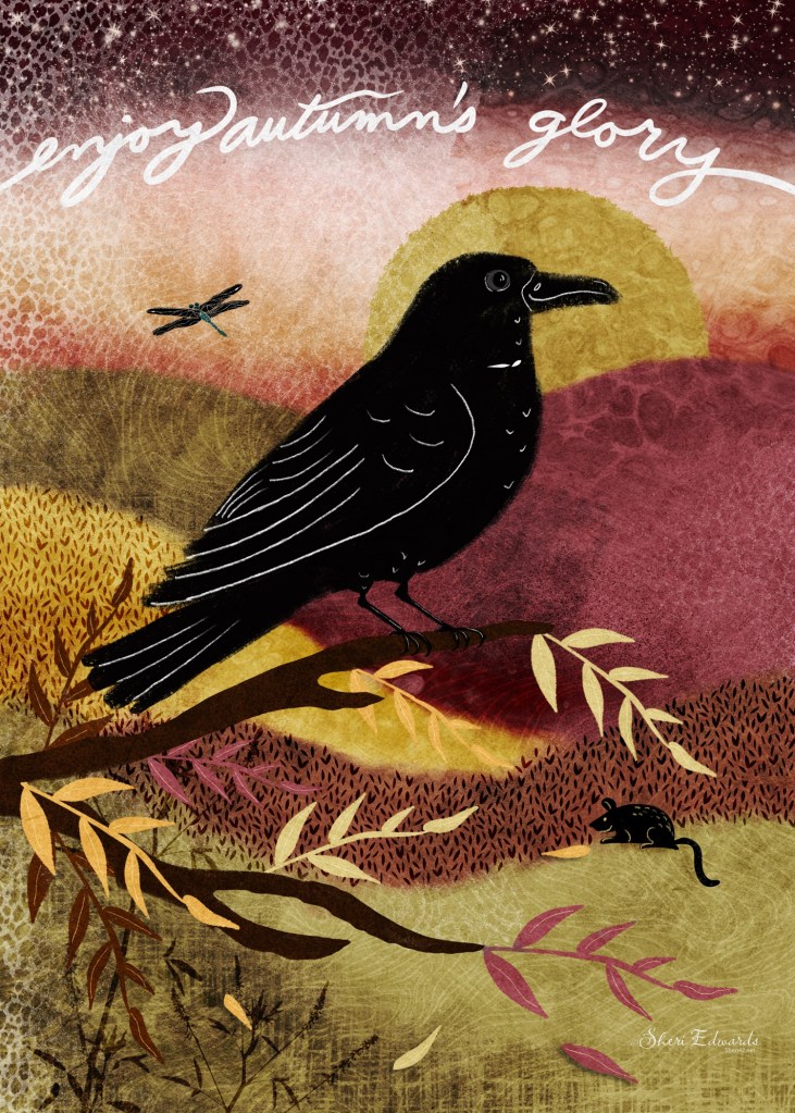 abstract autumn of leaves, wildflowers, crow, mouse, dragonfly, twilight and "enjoy autumn's glory" by Sheri42