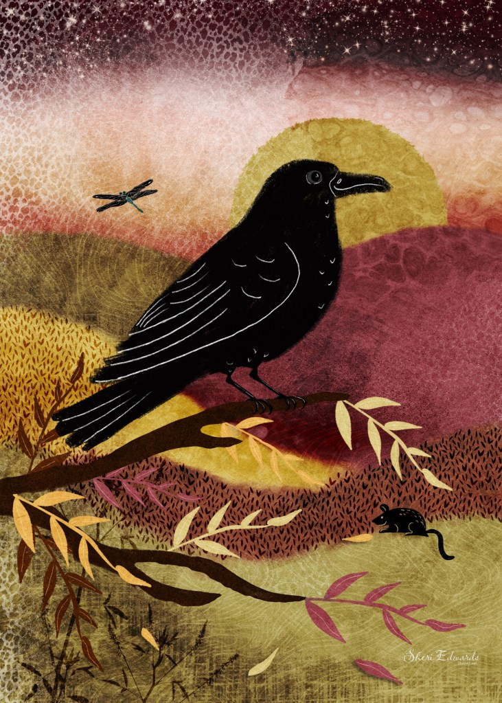 abstract autumn of leaves, wildflowers, crow, mouse, dragonfly, twilight by Sheri42