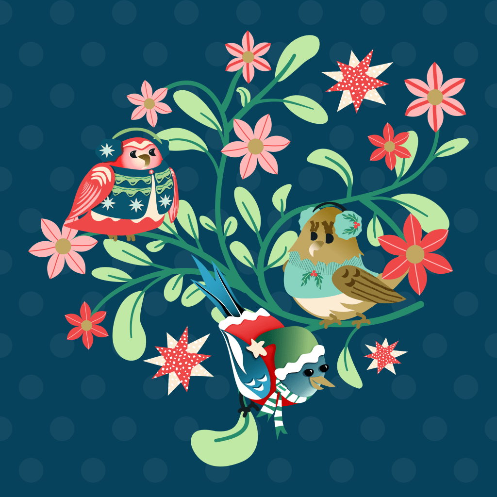 Evergreen Cozy Birds Winter Holiday Hero illustration on navy with light blue polka dot background by Sheri42