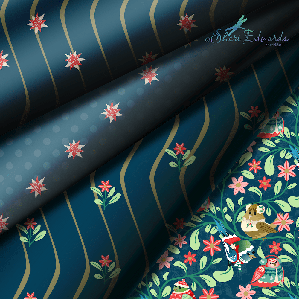 mockup of fabric bolts in four coordinating patterns by Sheri42