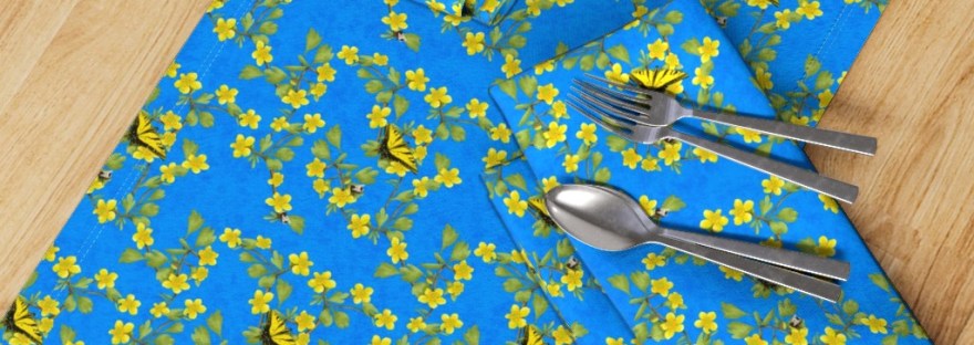 Tableware of trailing pattern of buttercups with swallowtail butterflies