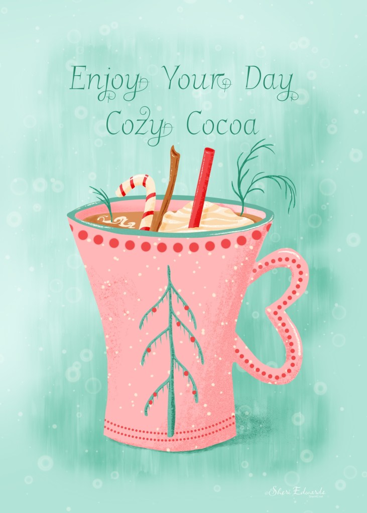 fancy mug with heart handle and sparse Christmas tree filled with hot cocoa, candy cane, whipped cream, cinnamon stick by Sheri42