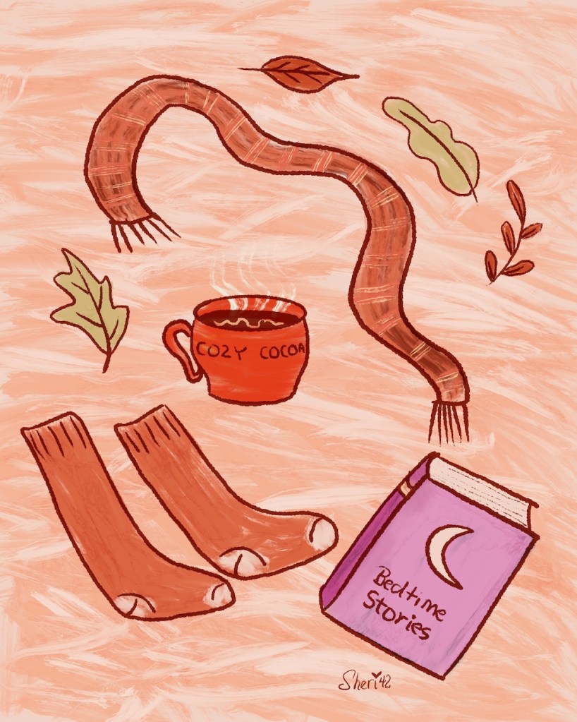 cozy things for autumn: leaves, scarf, cocoa, sox, story book by Sheri42