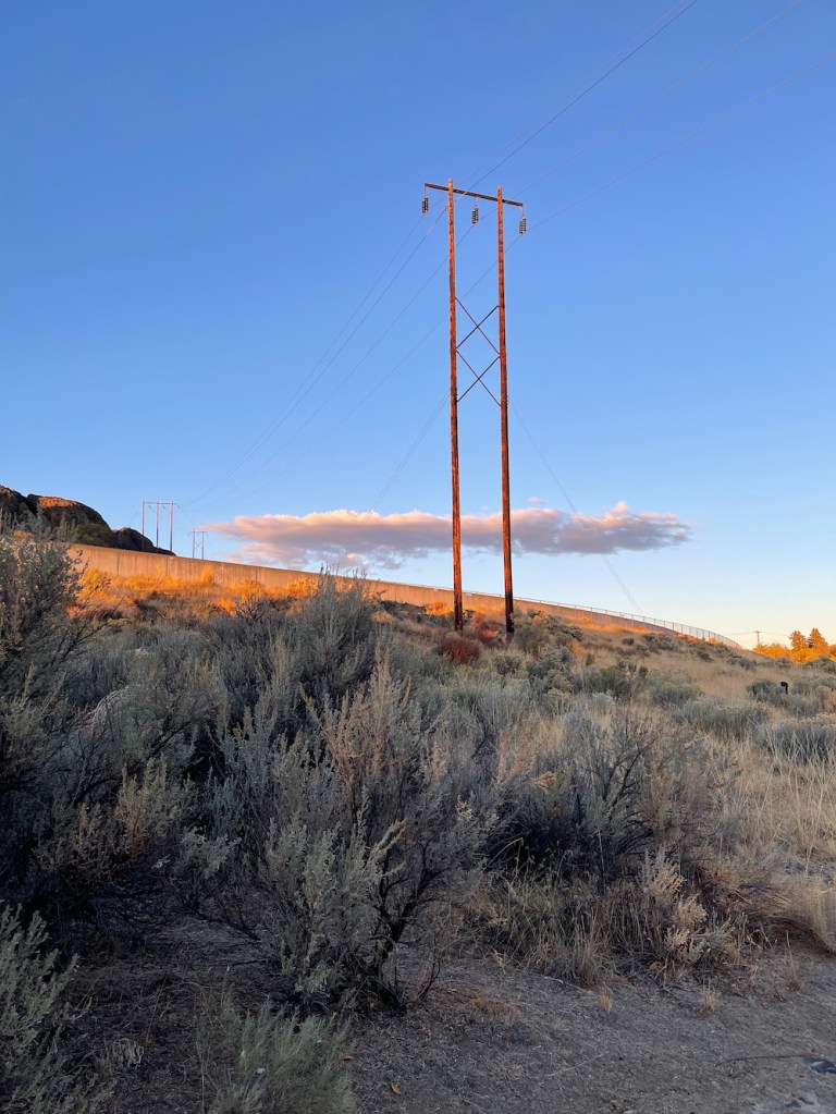 power lines stretch beneath boundless blue sky over desert sagebrush and rabbitbrush and canal