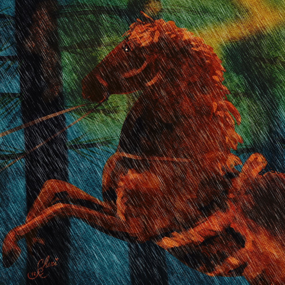 A horse brayed and rose up when a lightning bolt struck a tree further in the pines on the path they’d just taken. The man leaned back, holding the reins and pulling the horse back down, raising his hand to his head, “Whoa, boy. Whoa.” 

“There must be more tracks. They can’t just stop,”