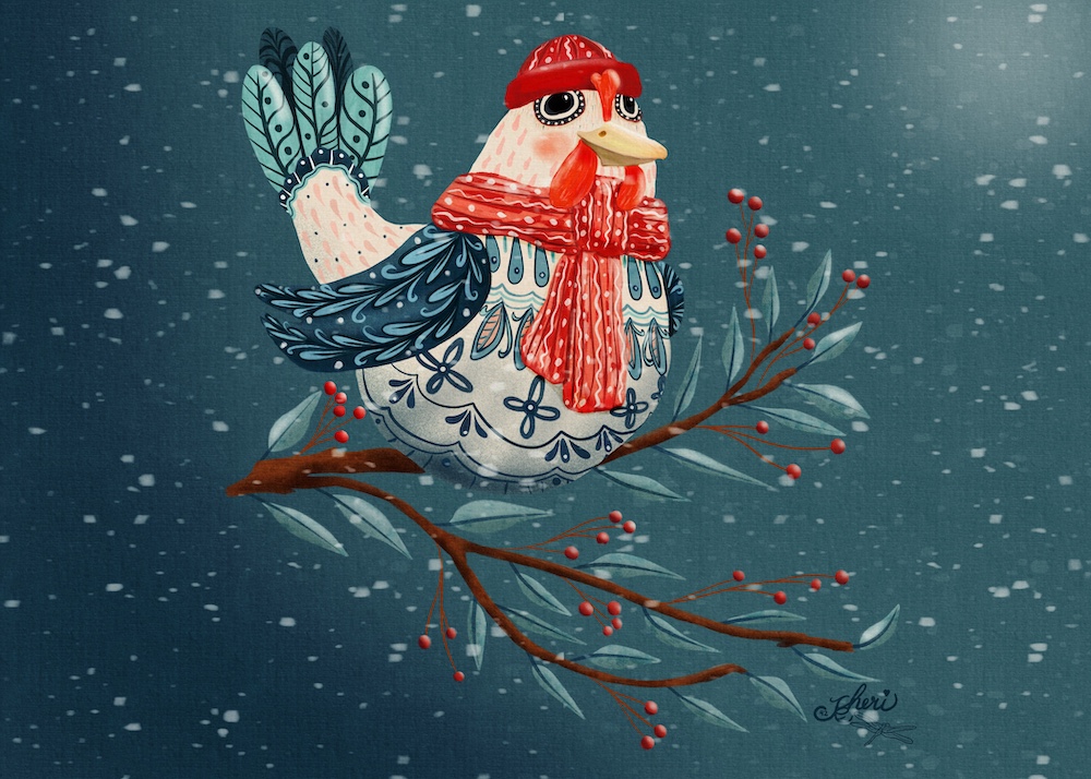 folk art style chicken on a branch of berries in a snowfall /by Sheri42
