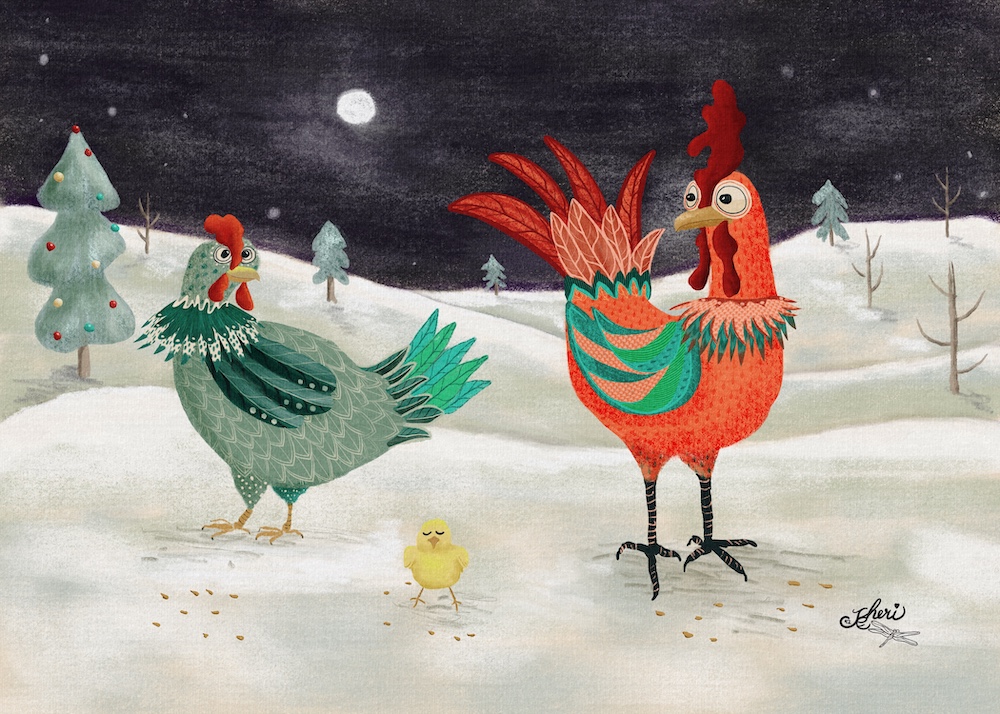 Winter scene of rolling snowy hills and pine trees with a folk art style hen, rooster, and chick beneath the full moon. by Sheri42