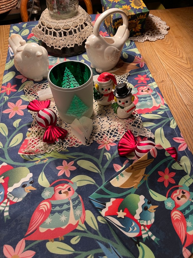 table runner and napkins in cozy bird design by Sheri42 on Zazzle