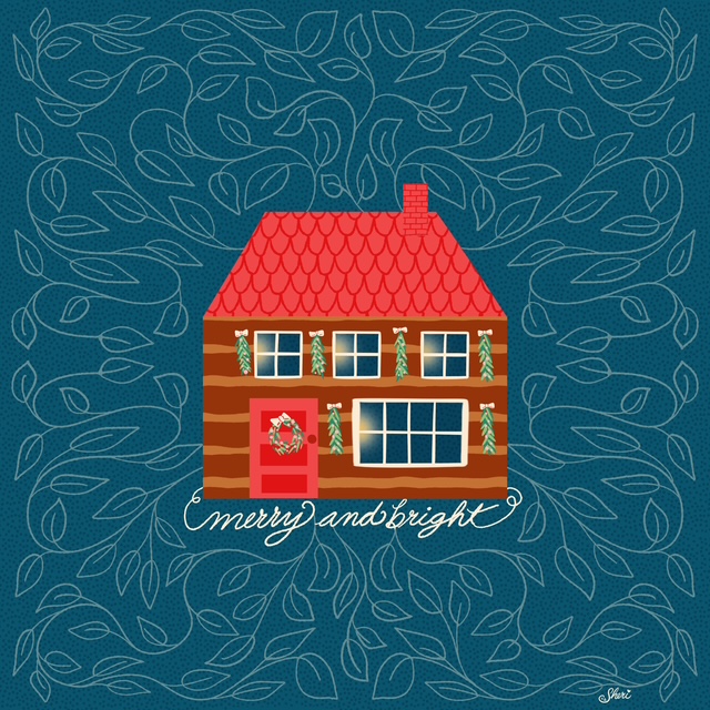 "Merry and Bright" home for the holidays decked out in pine boughs, wreaths, ribbons with symmetrical vines growing out to symbolize growing forward in peace and love by Sheri42