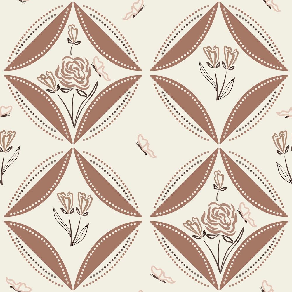 pattern in neutral, natural colors of roses and butterflies in monochrome, symmetrical style /by Sheri42