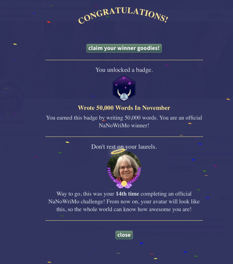 NaNoWriMo Winner's page for my 2024 novel: 50,000 words challenge met