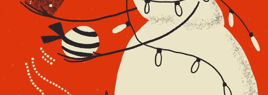 midcentury style snowman toppling gifts