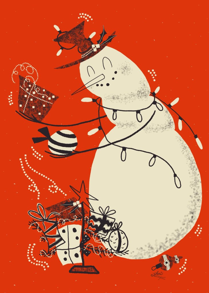 midcentury style snowman dropping gifts saved by his friend, Christmas tree.