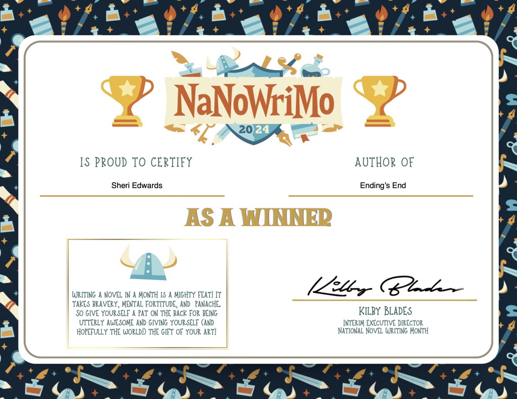Certificate for Sheri Edwards NaNoWriMo Winner of 50,000 words