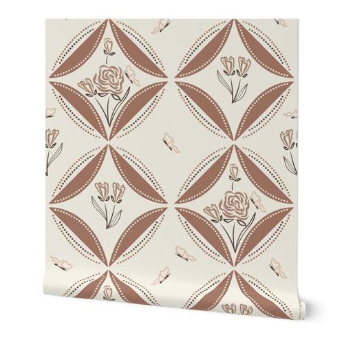 wallpaper repeat pattern in neutral, natural colors of roses and butterflies in monochrome, symmetrical style by Sheri42; design challenge entry