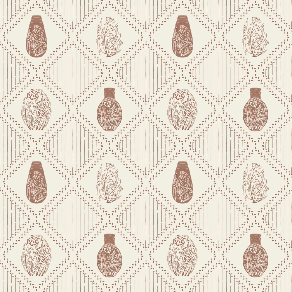 Spoonflower Accent Wall Design Challenge as botanicals in bottles block print within striped diamonds by Sheri42