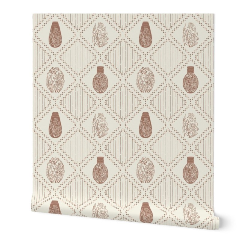 Spoonflower Accent Wall Design Challenge as botanicals in bottles block print within striped diamonds by Sheri42 as wallpaper roll