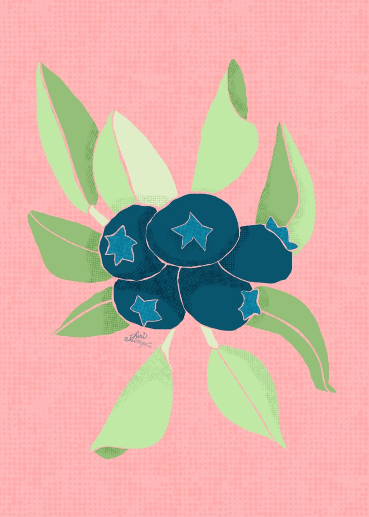 midcentury style / block print blueberries and leaves