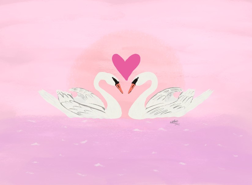 two swans in a magic ocean