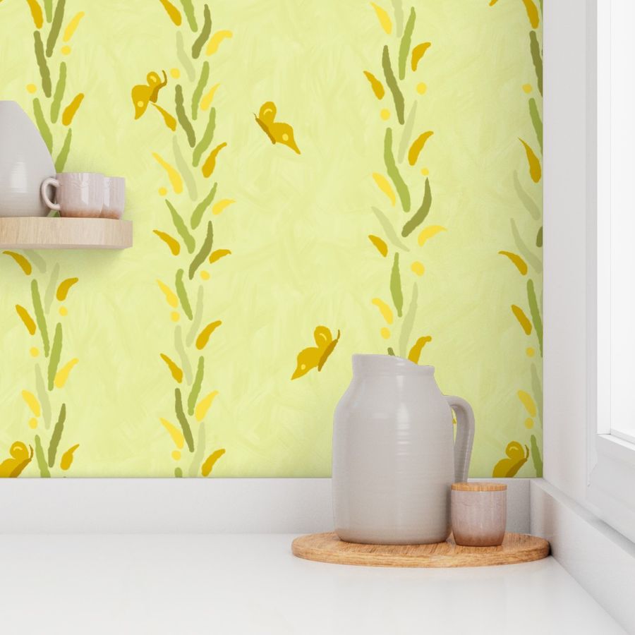 Wallpaper in design by Sheri42: Stripes of Leafy Vines with Butterflies wildflower Curlycup Gumweed Large scale