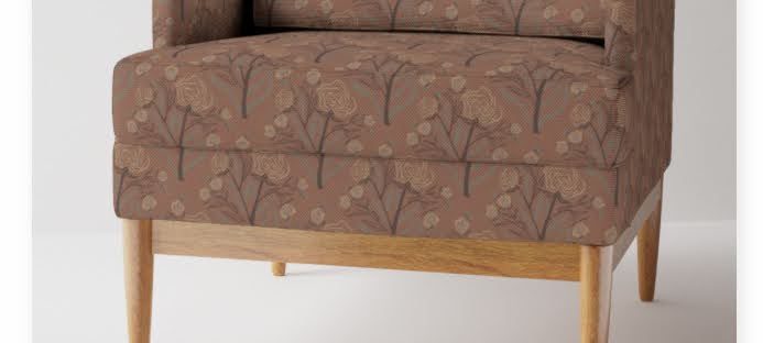 Spoonflower Fabric Design Challenge entry Natural Neutral Roses Block Print Mocha Mousse fabric as upholstery on chair / Sheri42