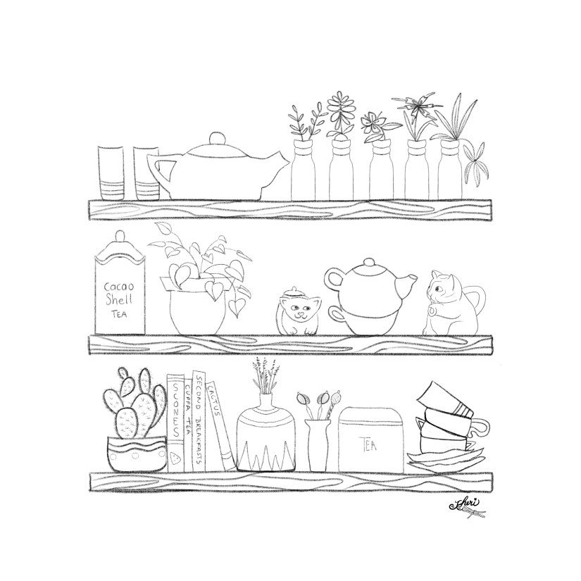 sketch by sheri42 for Tea Time shelving: tea pots, creamer, sugar bowl, tea tins, books, house plants, tea cups