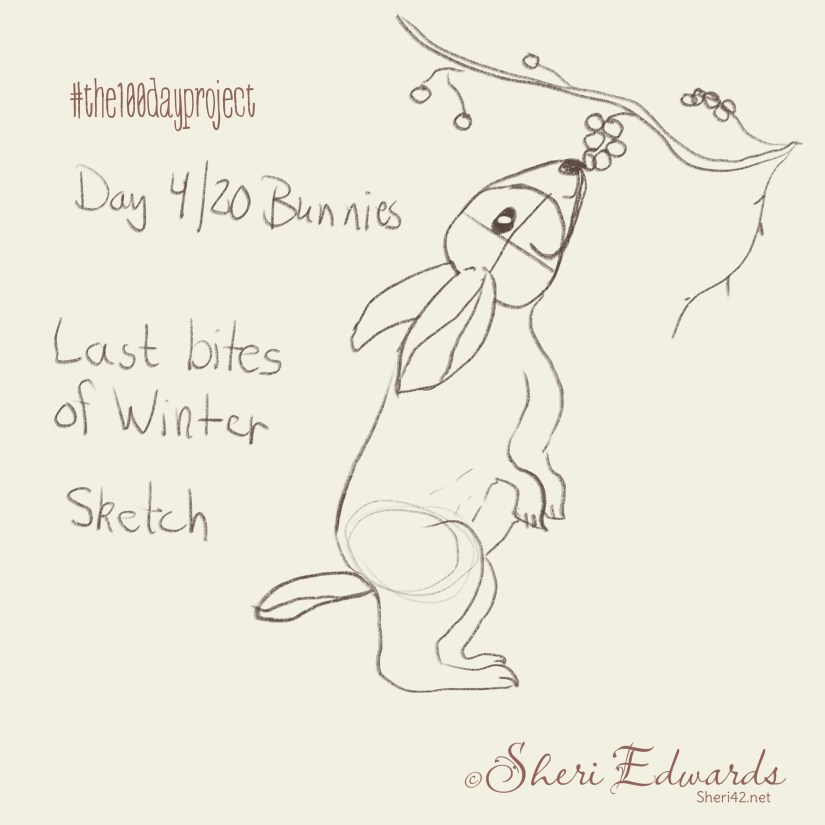 bunnies: Day 4 out of 20 Sketch of bunny reaching up for "last bites of winter"