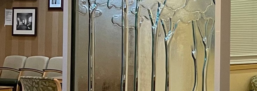 Our local clinic’s interior architecture is artistry. Here’s just one piece of glass artistry: glass embossed tree as divider.