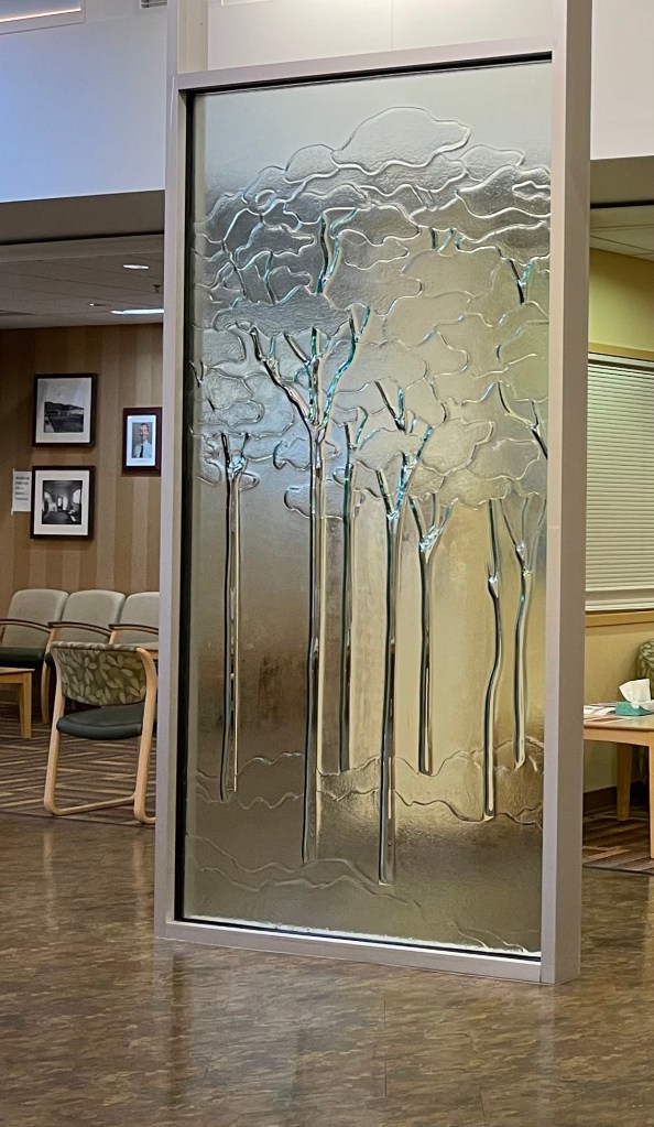 Our local clinic’s interior architecture is artistry. Here’s just one piece of glass artistry: glass embossed tree as divider.