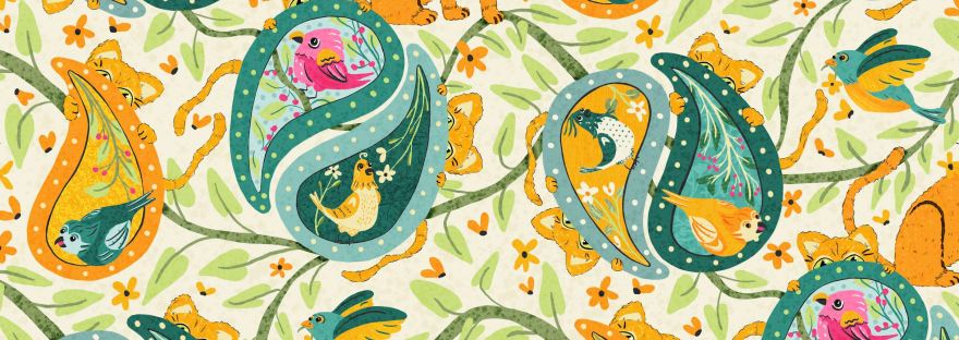 cats birds in paisley garden by Sheri42