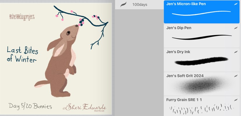 Brushes for Day 5 bunny eats the last of the berries; ink added to Day 4 by Sheri42