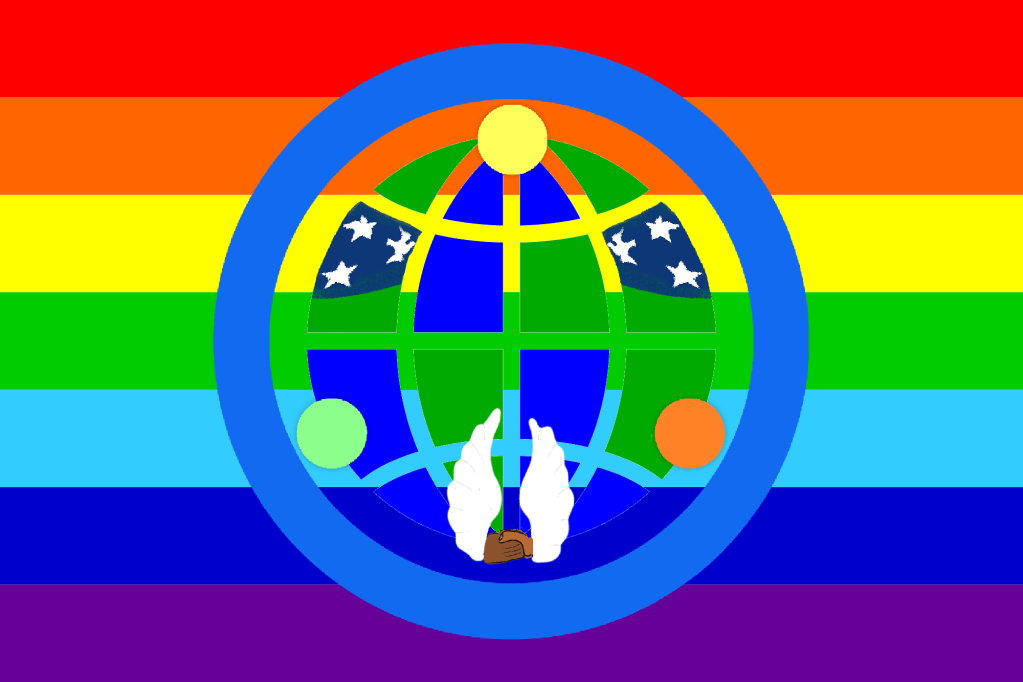 Flag for Our Planet filled with symbols to represent our earth and its diversity, life-giving sun, water, and earth, all peoples working together in peace for the benefit of all