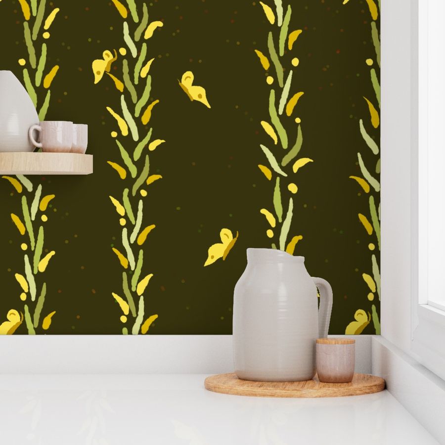 Wallpaper design by Sheri42: Stripes of Leafy Vines with Butterflies wildflower Curlycup Gumweed Large scale