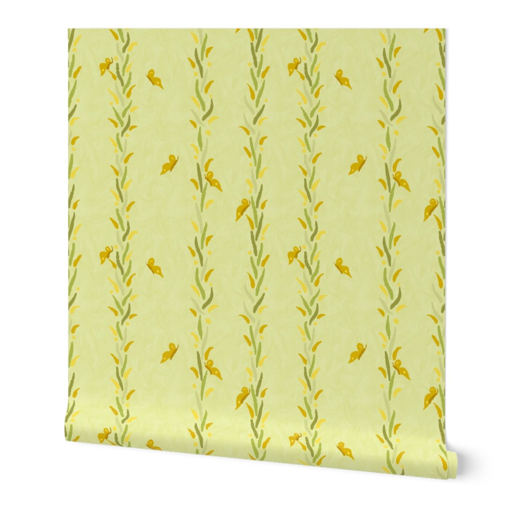 Wallpaper design by Sheri42 - Stripes of Leafy Vines with Butterflies wildflower Curlycup Gumweed Medium scale
