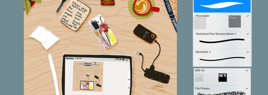 Sheri42 wikipaintia of her illustration of a digital artist's messy desk; shows illustration, palette, brushes