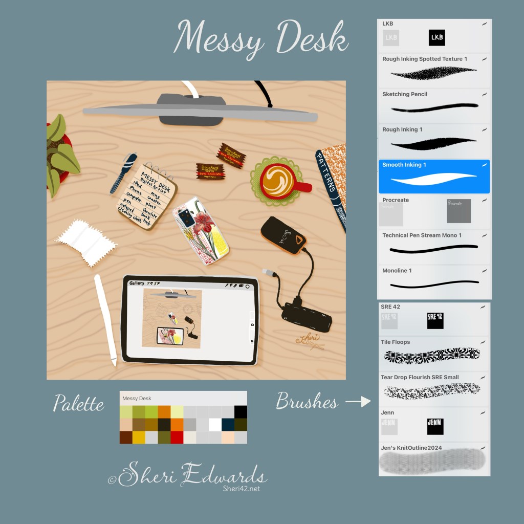 Sheri42's illustration of a digital artist's messy desk; the palette for the illustration, and brushes; a wikipaintia 