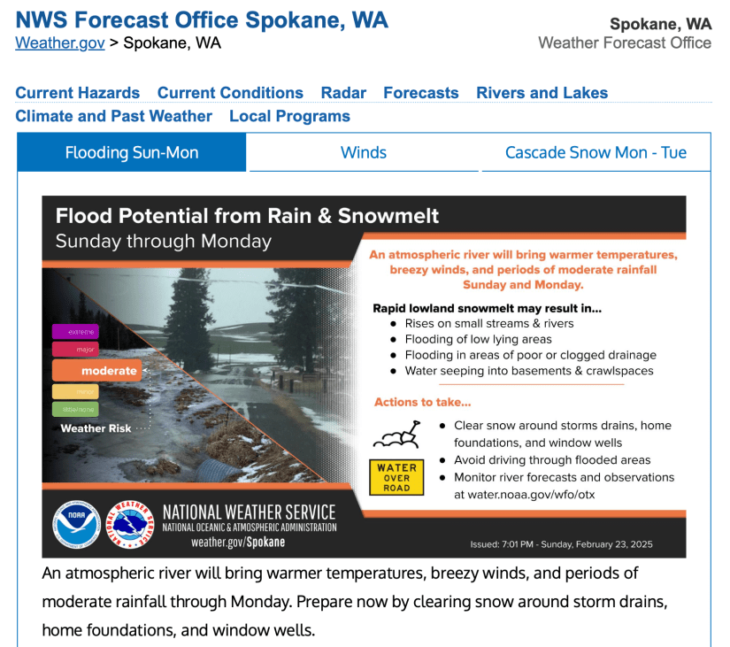 screenshot of NOAA National Weather Service alert for flooding in our area