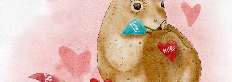 soft watercolor bunny wishing you a happy Valentine's Day as he holds freshly picked "heart" flowers