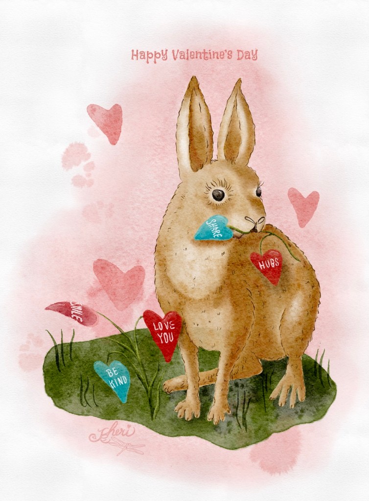 soft watercolor bunny wishing you a happy Valentine's Day as he holds freshly picked "heart" flowers