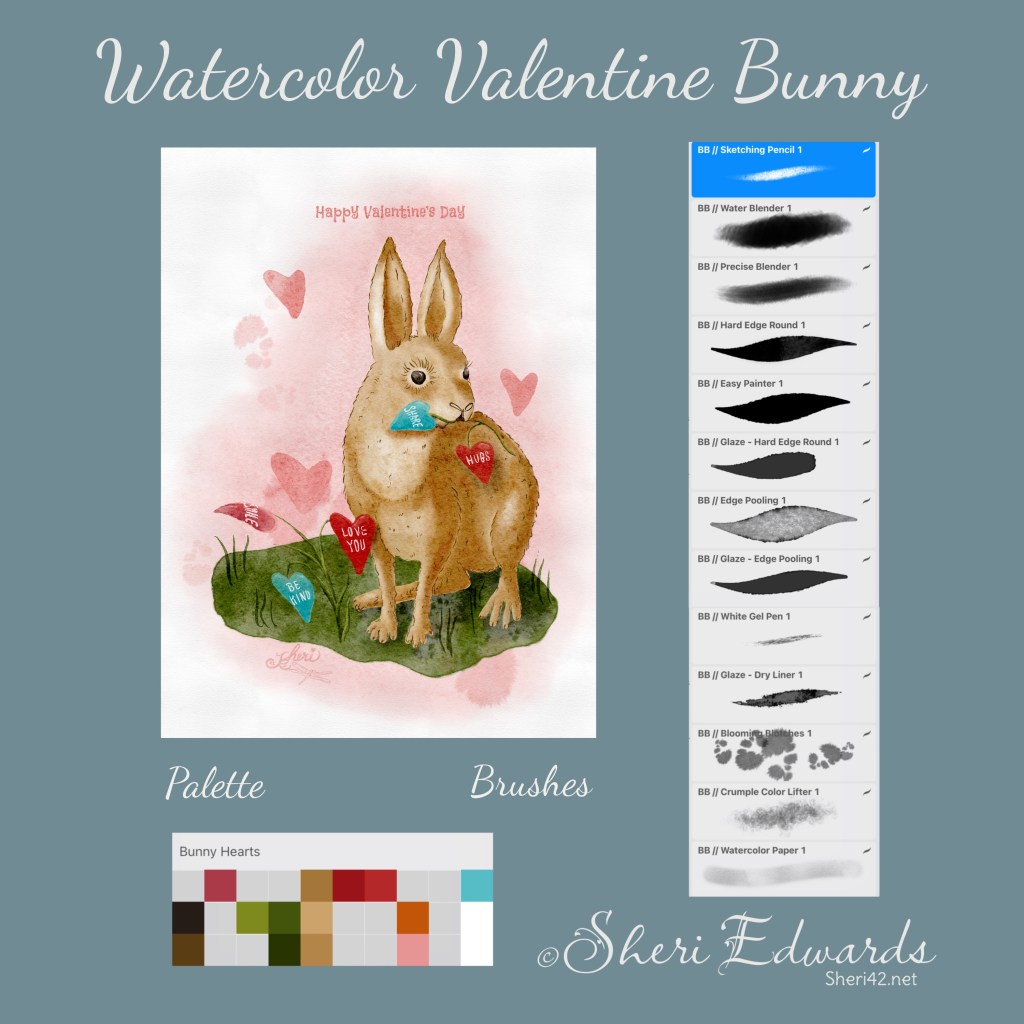 Wikipaintia of brushes used and palette for watercolor bunny for Valentine's Day by Sheri42