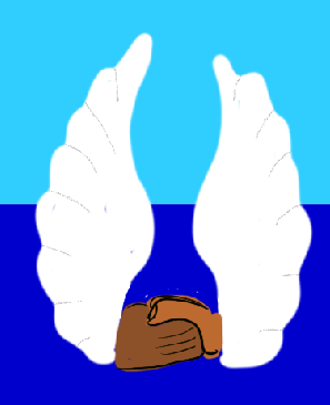 Wings on shaking hands with ocean and sky behind