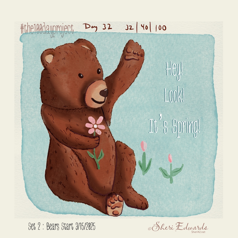 Look It's Spring sitting bear with pink daisy by Sheri42