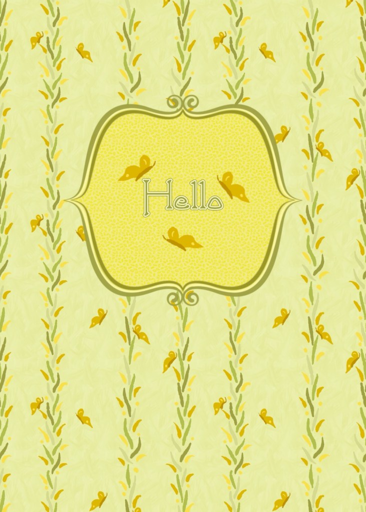 Greeting card on Zazzle by Sheri42; Spring greetings brighten days: green and yellow leafy vines dance with butterflies as a “Hello” to cheer any day