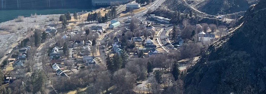 our community, still in its winter coat; in front of Grand Coulee Dam