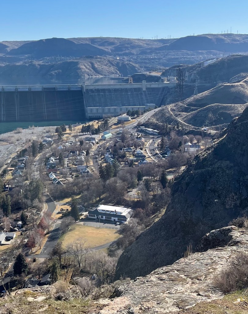 our community, still in its winter coat; in front of Grand Coulee Dam