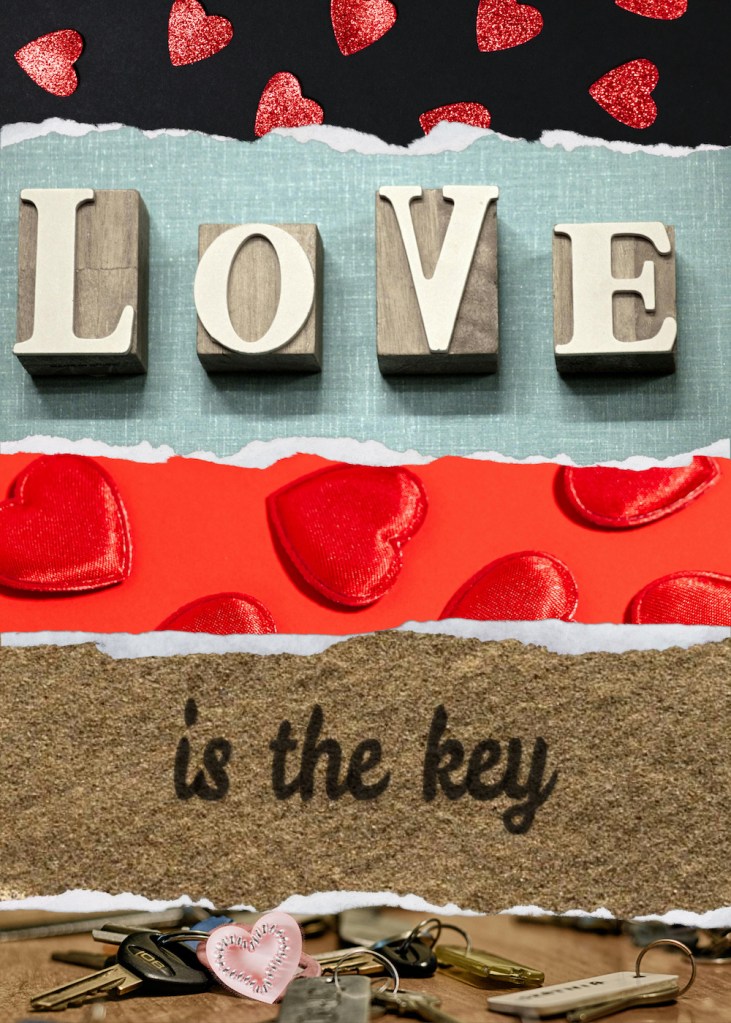 "Love is the key" with hearts and keys; torn paper effect in Affinity Designer by Sheri42